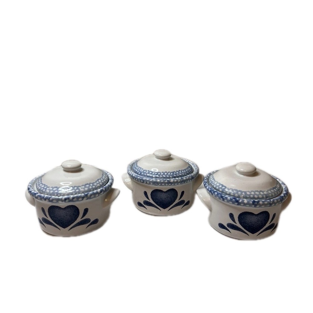 Vintage 90s Blue Heart Stoneware Soup Crock Lidded Individual Bowls 3 Pc Cottage